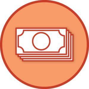 line art icon of an orange circle with a stack of cash inside of it