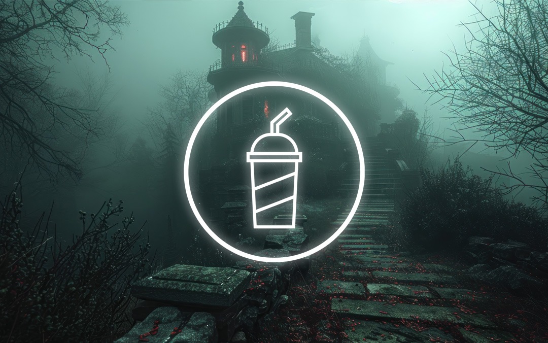 spooky house on a hill with a beverage icon above it