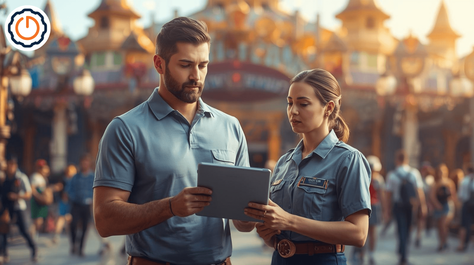 attraction-software-support-after-go-live-partnership Attraction manager and support specialist reviewing operations together in a theme par