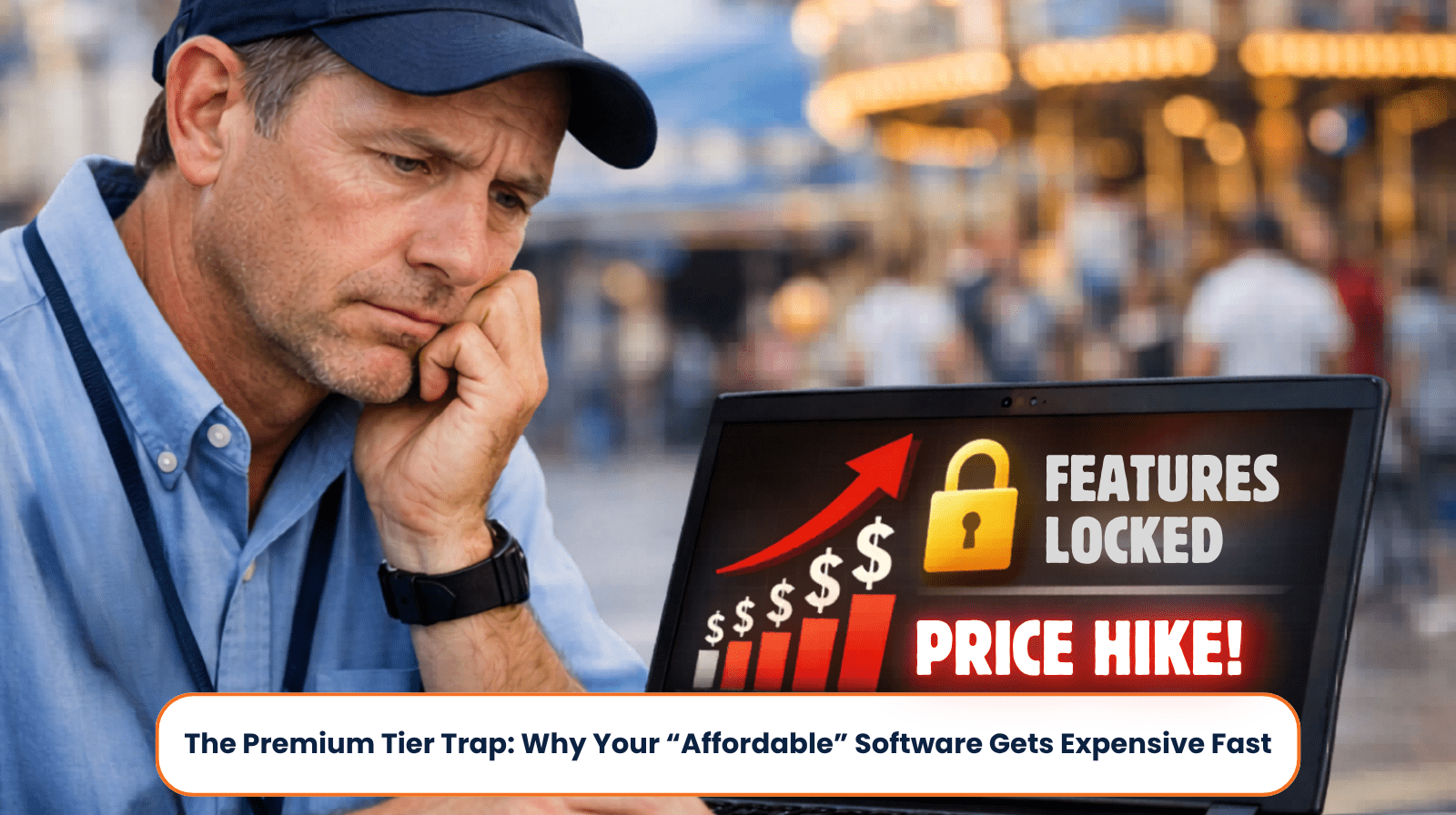 premium-tier-trap-attraction-software-costs (1) Attraction operations manager reviewing rising software costs and locked features on a laptop screen
